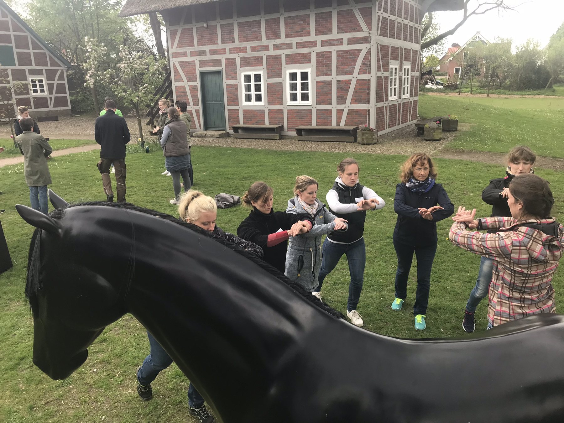 IAVC students gathered outdoors around an equine teaching model.