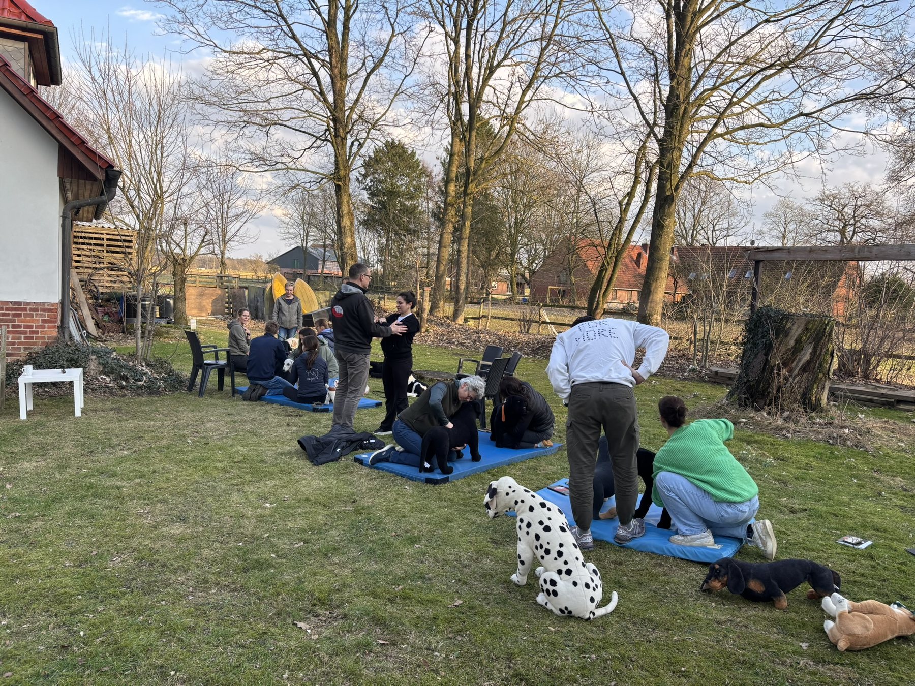 Canine Essentials students practising outside with canine teaching models.